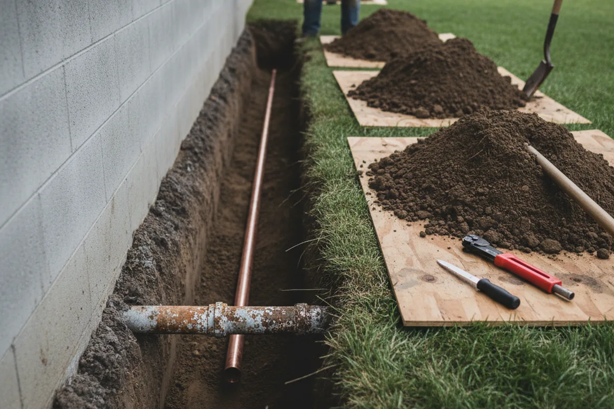 Excavated water line trench during Water Softener Installation in Springer